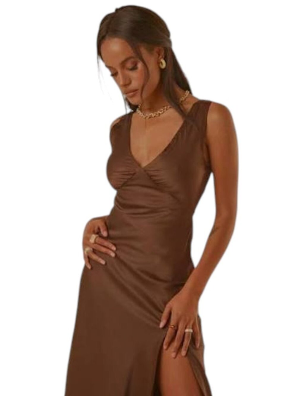 Peppermayo Billie Split Maxi Dress Chocolate Brown Satin Size 4